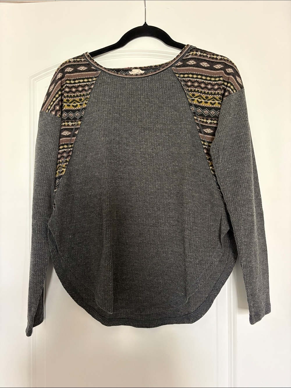 Hem & Thread Gray Knit Sweatshirt with Patterned Shoulder Panels